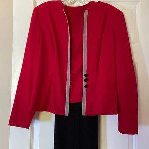 3 piece-red sued jacket and matching crop with black ankle length straight pant